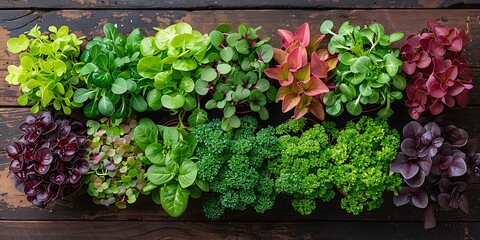 Vivid and colorful assortment of fresh herbs and vegetables, arranged in a visually appealing manner.