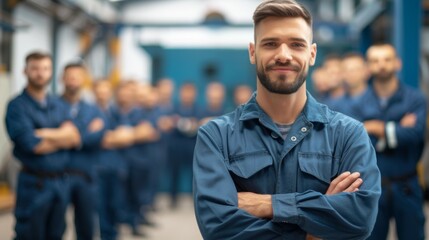 Obraz premium A group of men in blue uniforms are posing for a photo, profession engineer