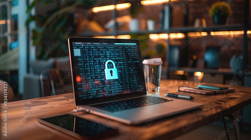 Poster office desk with a laptop displaying a ransomware attack message and a padlock symbol