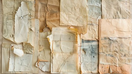 Layered old paper sheets with varying degrees of yellowing and wear, perfect for a collage background