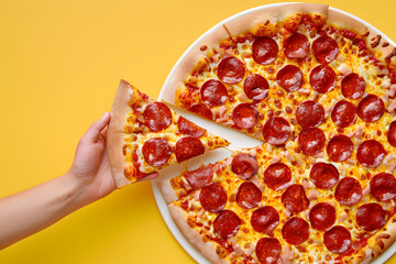 Slice of pepperoni pizza in hand. Top view on paperoni pizza. Concept for italian food, street food, fast food, quick bite
