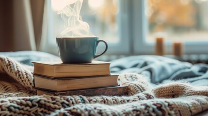 Stack of hardcover books with a steaming cup of coffee on top, creating a cozy reading nook atmosphere