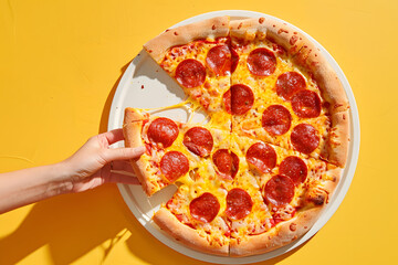 Slice of pepperoni pizza in hand. Top view on paperoni pizza. Concept for italian food, street food, fast food, quick bite