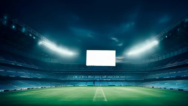 A deserted football stadium at night. The brightly lit scoreboard contrasts with darkened skies, among lit floodlights. The field looks well-maintained and ready for a game.