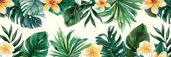 Beach cheerful seamless pattern wallpaper of tropical palm green leaves of palm trees and paradise (strelitzia) plumeria on a jungle leaves seamless vector watercolor pattern background
