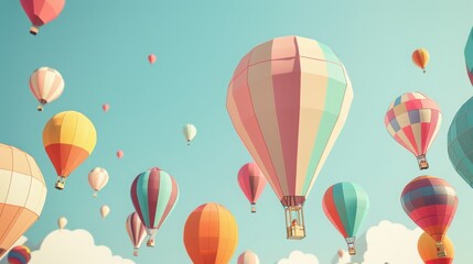 An imaginative illustration of a hot air balloon festival, with colorful balloons in various shapes and sizes floating against a clear sky, evoking a sense of wonder and joy