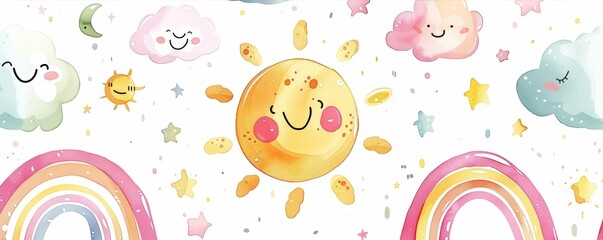 Smiling Sun With Rainbow And Clouds