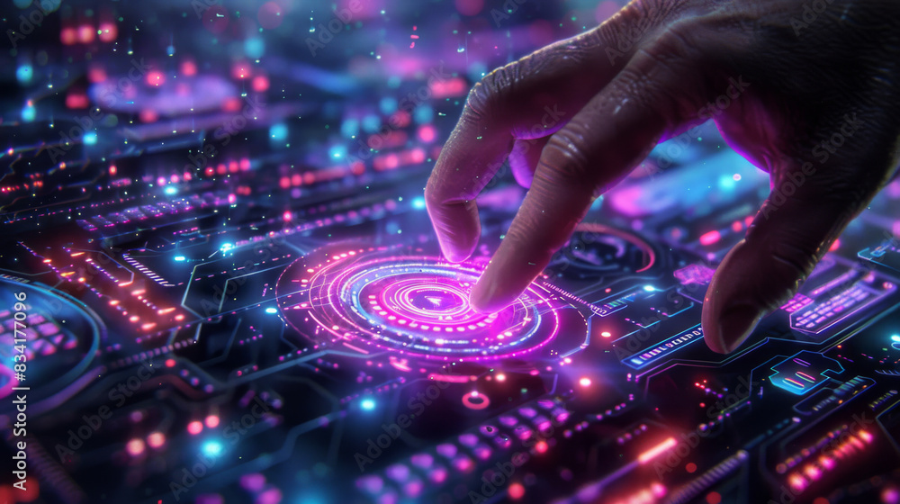 Poster a hand interacting with a futuristic digital interface, featuring glowing buttons and a holographic 
