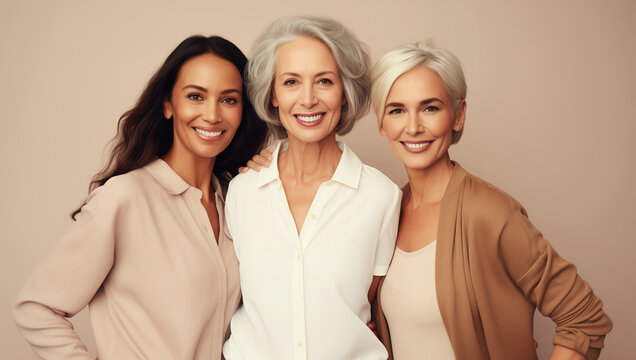 Beautiful happy smiling mature women together, three cheerful girlfriends with toothy smiles