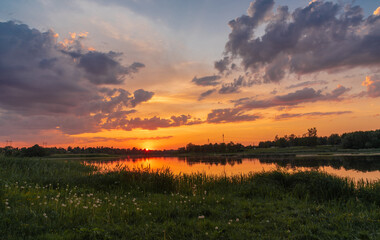 Daugava river in Kekava, latvia on summer evening during the sunset