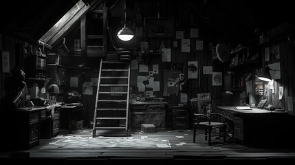 At night,Cabin interior,The cabin is a square space, and there's nothing in the room,dark mode