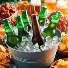 Metal bucket with beer bottles and ice cubes