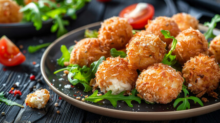 Squid balls, deep fried in a retro style on a dark wooden table with salad and tomato. Closeup photo of fried parmesan. A plate full of appetizing arancini made from cuttlefish fillet with mozzarella