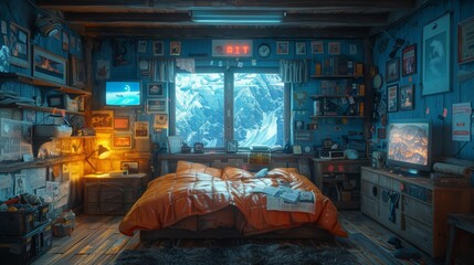 At night,Cabin interior,The cabin is a square space, and there's nothing in the room,dark mode