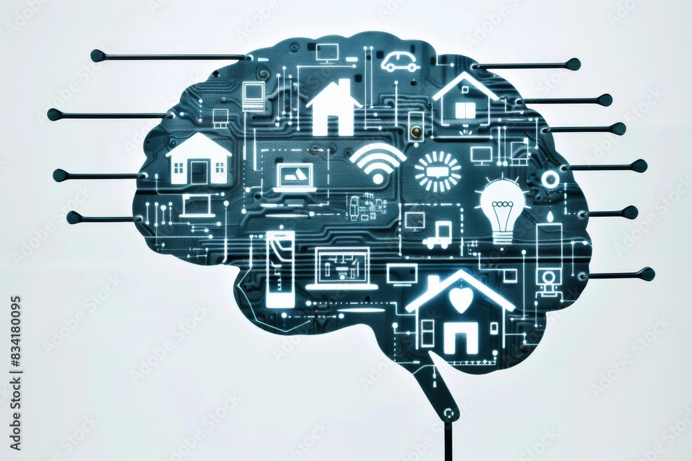 Poster technological brain map integrating smart home devices, illustrating interconnected living in a digi