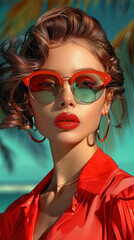 Fototapeta premium Retro style pastel colors summer background. Fashion woman wearing big sunglasses.