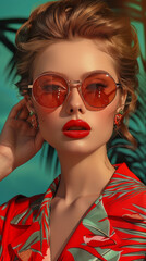 Obraz premium Retro style pastel colors summer background. Fashion woman wearing big sunglasses.