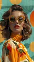 Obraz premium Retro style pastel colors summer background. Fashion woman wearing big sunglasses.