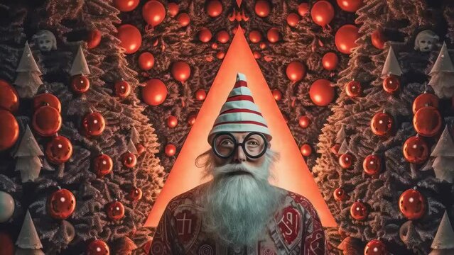 Elderly man with a white beard and glasses wears a festive, striped hat. He stands in front of Christmas trees adorned with red ornaments. The ambiance is festive and joyful, likely an evening event