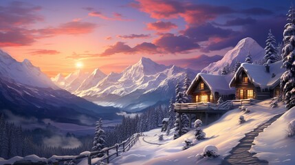 A mesmerizing sunset at a snowy mountain resort, with the sun setting behind snow-covered peaks 