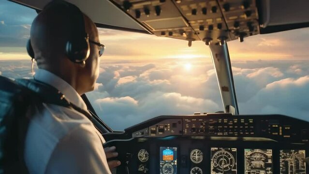 Male pilot, likely American, steering plane during sunset. The cockpit is filled with intricate instruments. He wears a white shirt and headset. The view outside is a stunning sunset above the clouds