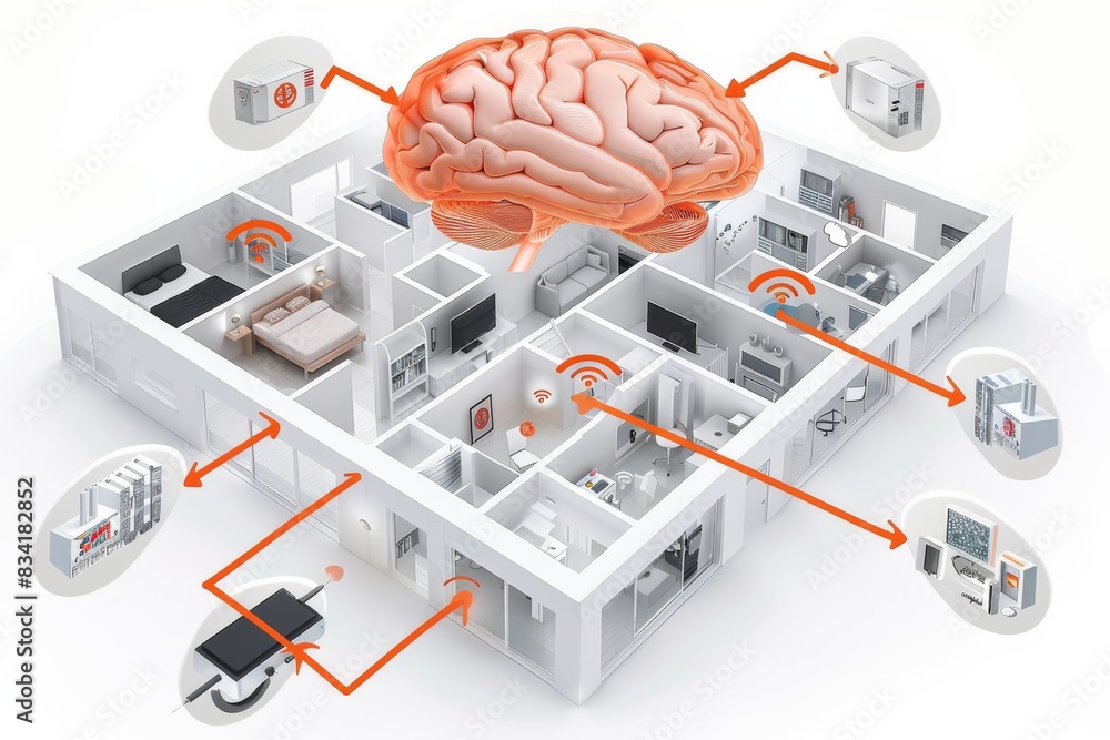 Poster technological brain model within a house layout, showcasing the integration of smart home devices an