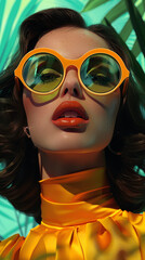 Retro style pastel colors summer background. Fashion woman wearing big sunglasses.
