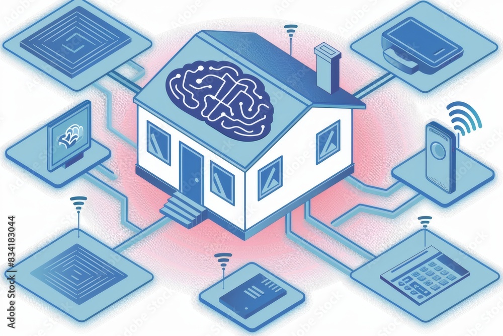 Aufkleber smart home network with a brain icon, representing connectivity and ai integration in a blue and pin