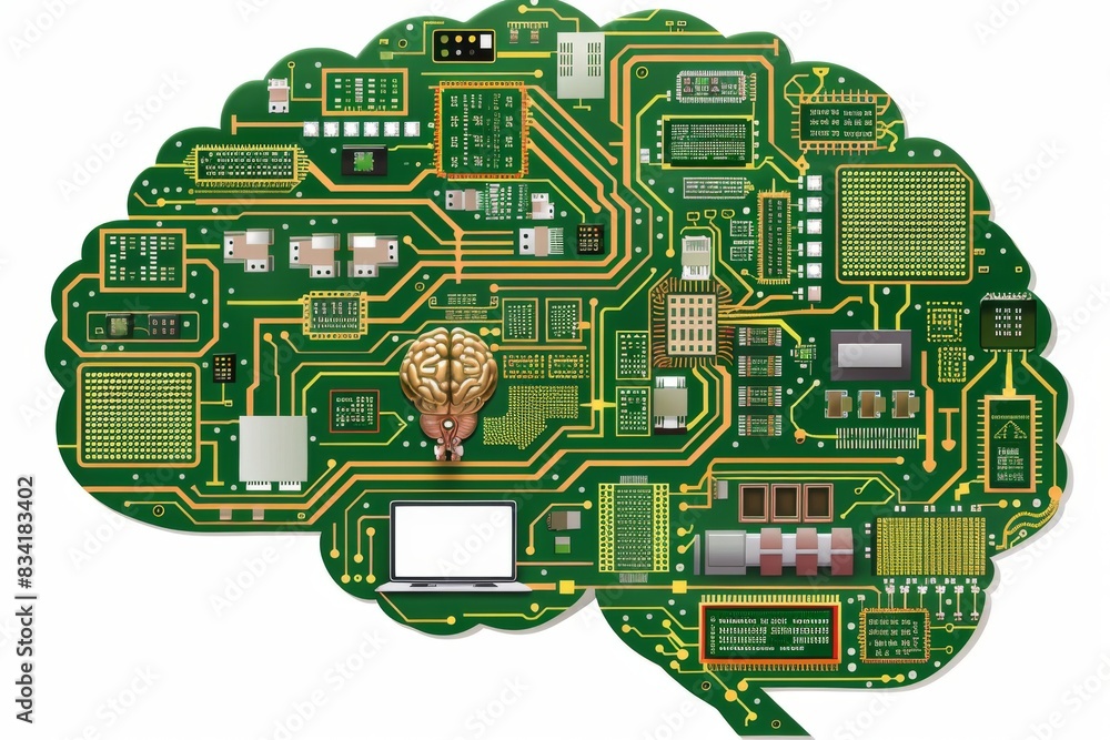 Aufkleber circuit board shaped as a brain, representing advanced technology and neural networks in a green and
