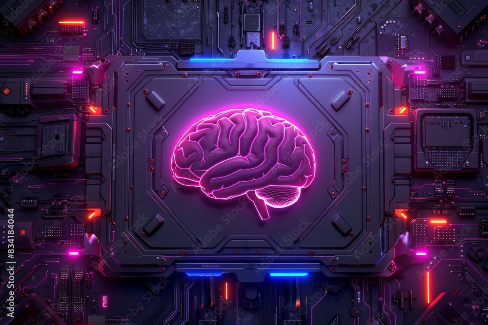 Poster neon brain sign on a futuristic circuit board, representing advanced neural technology in a high-tec