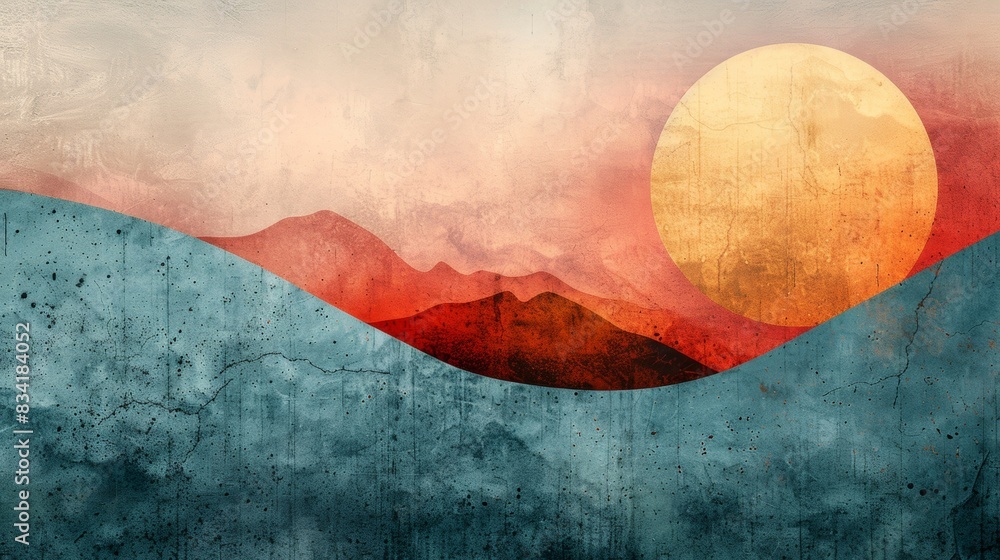 Poster wild west geometric patterns, abstract circular and triangular shapes in turquoise and brown against