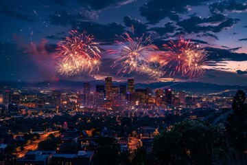 Denver nighttime skyline with vibrant fireworks celebration in summer twilight sky