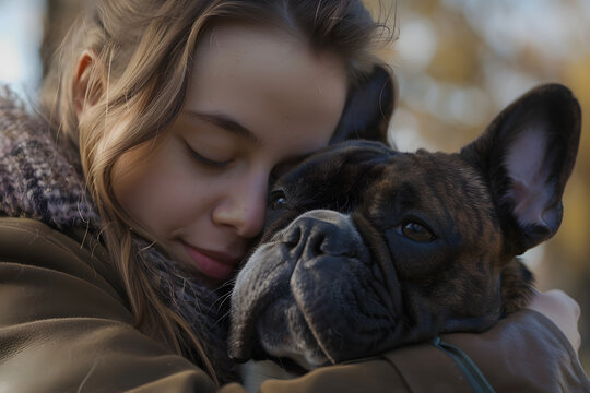 Young girl lovingly embraces her French Bulldog, sharing love and happiness under the open sky.