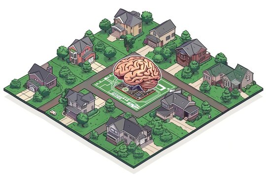 Neighborhood with a brain park, showcasing smart city planning and community living in a detailed, green environment.