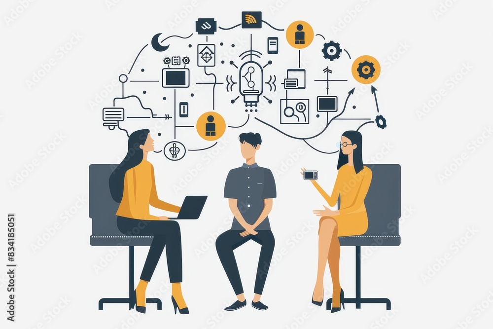Aufkleber people discussing ai and brain technology in a collaborative workspace, representing innovation and 