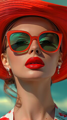 Retro style pastel colors summer background. Fashion woman wearing big sunglasses.