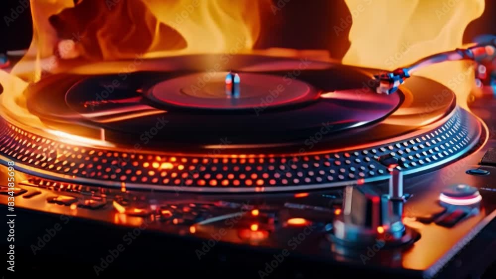 Poster a turntable spinning with flames blazing in the background, creating a dynamic and fiery atmosphere.