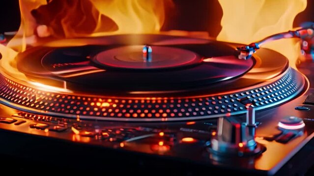 A turntable spinning with flames blazing in the background, creating a dynamic and fiery atmosphere.