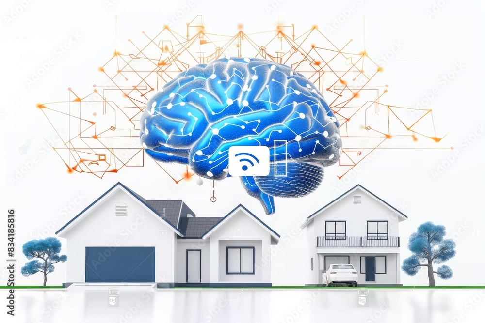 Poster digital brain with neural connections, representing smart home technology and ai integration in a hi