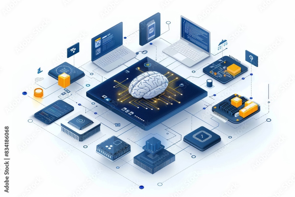 Poster digital brain model surrounded by smart devices, symbolizing interconnected technology and ai in a m