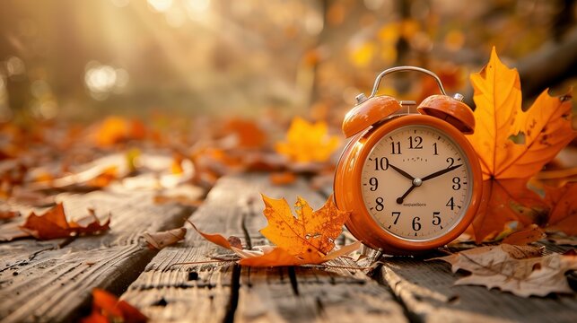 Alarm clock and orange color leaves on wooden table. Classic Alarm Clock Nestled Among Vibrant Orange Foliage, Reminding Us of Daylight Saving Time's Shift and Nature's Embrace of Fall