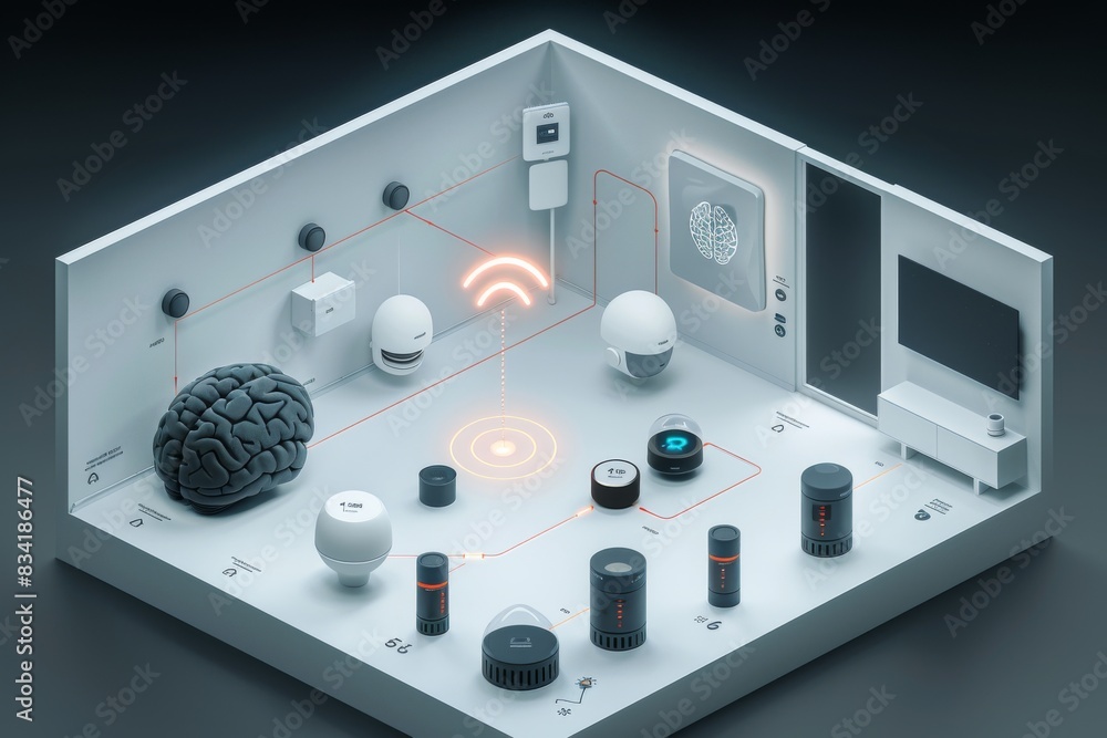 Poster brain chip on a desk with various devices, symbolizing the integration of neural technology and ever