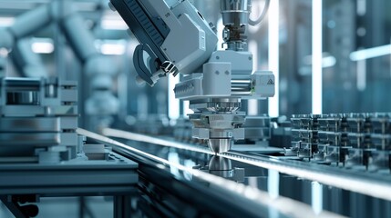 Fototapeta premium Precision Engineering: Robotic Arm Assembles Complex Product (AI, Automation)