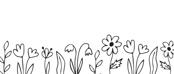 Border of blooming meadow flowers. Horizontal banner, floral background. Botanical ink sketch in hand drawn style.