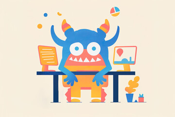 Colorful monster cartoon character at work desk. Generative AI image