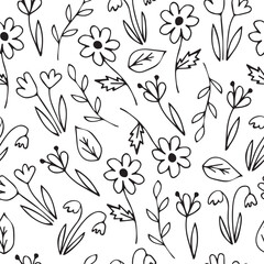 Doodle flowers seamless pattern. Minimalist hand drawn line drawing.