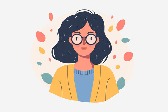 Cheerful young woman with glasses surrounded by colorful dots. Generative AI image