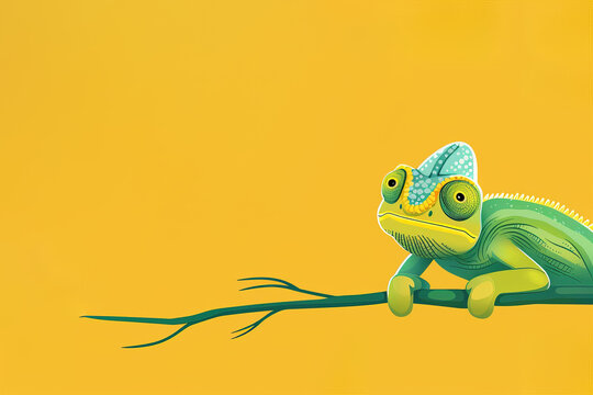 Colorful illustrated chameleon on a vibrant yellow background. Generative AI image