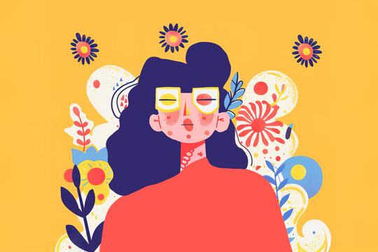 Colorful illustration of a woman with floral elements. Generative AI image