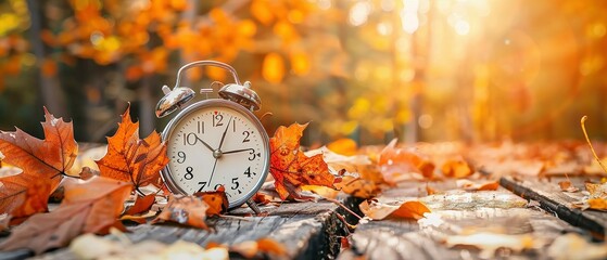 Alarm clock and orange color leaves on wooden table. Classic Alarm Clock Nestled Among Vibrant Orange Foliage, Reminding Us of Daylight Saving Time's Shift and Nature's Embrace of Fall